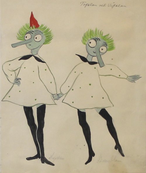 Tofslan_och_Vifslan_Tove Janssonin luonnos Tofslanin ja Vifslanin (Tiuhti ja Viuhti) pukuihin Svenska Teaternin esitykseen Momintrollet och kometen, 1949. Tove Janssonin arkisto, ©Moomin Characters™