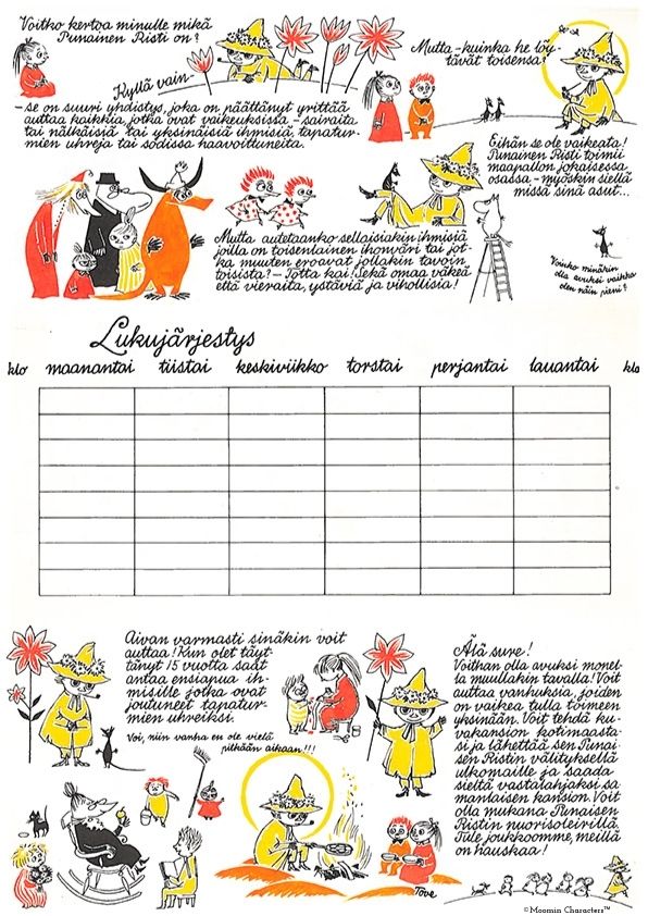 Original Tove Jansson illustrated children's school timetable for Red Cross Finland 1963