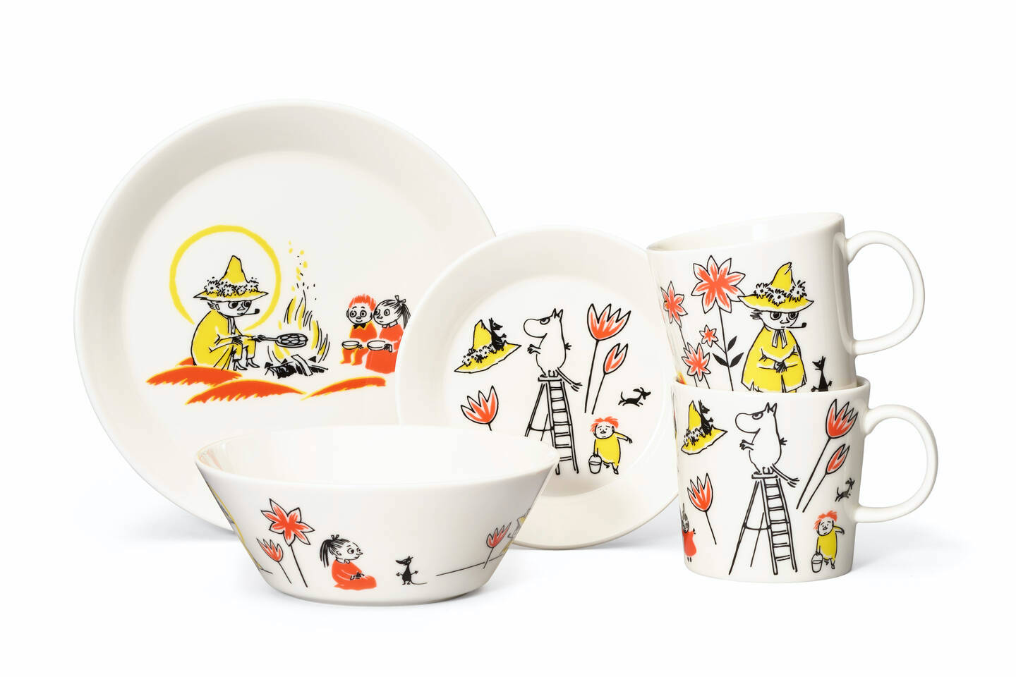 Arabia x Red Cross Moomin dinnerware collection displayed with plain background